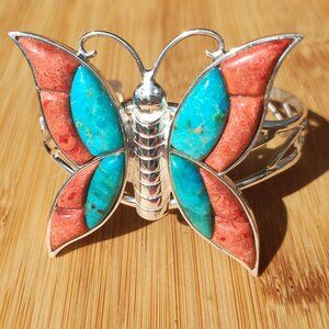 Jay King DTR large Butterfly turquoise coral cuff bracelet 925 Sterling Silver